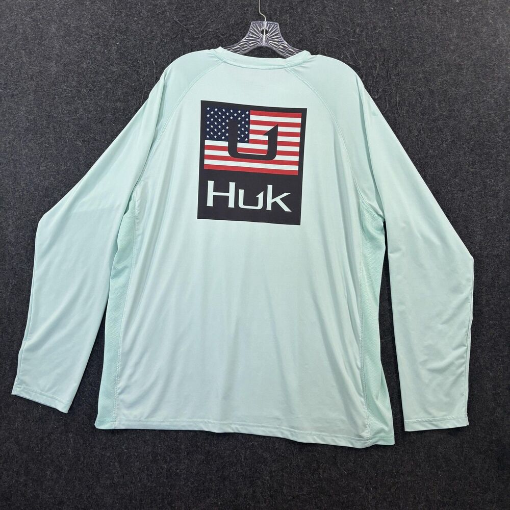 Huk Huk'd Up Americana Pursuit Shirt Men's XL Green Performance Fishing Flag